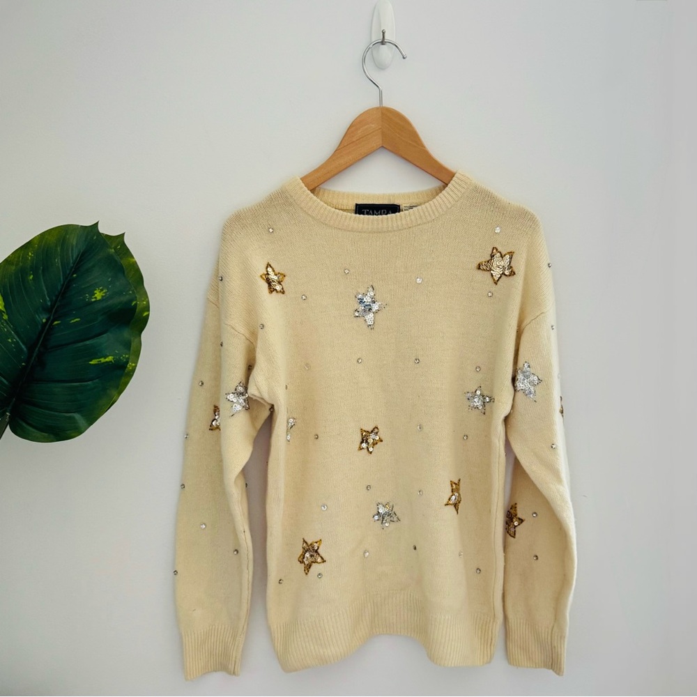 TAMRA | Vintage Lambswool and Angora Sequin Star Sweater Cream Beige Medium